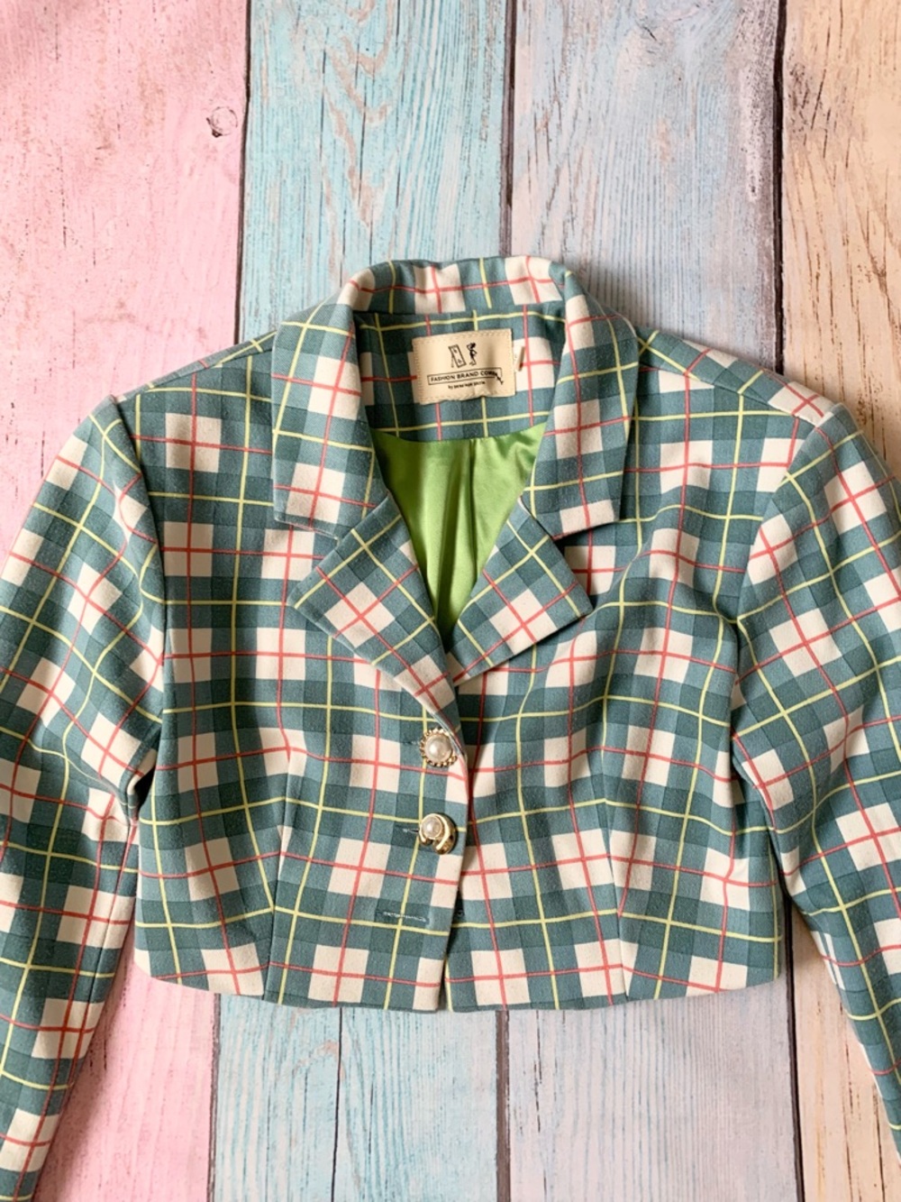 Fashion Brand Company Cropped Plaid Blazer and skirt set in Teal, White and Pink - Picture 3 of 13